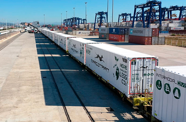 Operativa de un tren de Marcotran en la terminal ferroportuaria de Isla Verde Exterior.